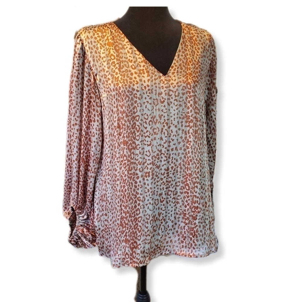 Adrienne V-Neck Sheer Bubble Sleeve Animal Print Blouse Sz L